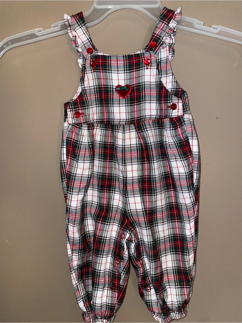 Plaid Heart-Accent Baby/Toddler Overalls - Red/Green/White Vintage Theme 6-9 M